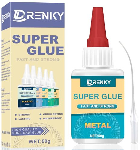 Drenky Metal Glue, 50g Superglue for High Strength Bonds - Metal and Stainless Steel Super Glue, Strong Clear Adhesive for Aluminium, Waterproof and Heat-resistant