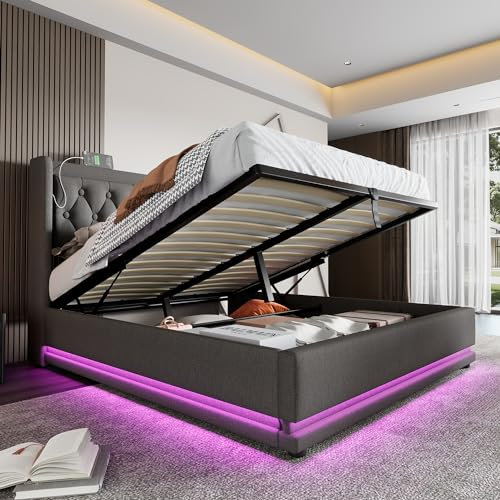 Polsterbett 180x200 cm, LED Doppelbett mit Stauraum und Lattenrost, Kopfteil mit USB Typ C Ladefunktion, Hydraulisch Stauraumbett Funktionsbett Jugendbett Rückenlehne Bettgestell, Grau, Ohne Matratze