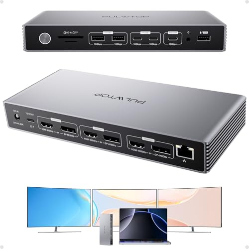 PULWTOP Displaylink-dockningsstation med 140 W effekt, USB C-dockningsstation trippelskärm för MacBook M1/M2/M3-fönster, 8K/4K@60Hz displaylink dock med 3HDMI, 3 displayportar, USB A/C 10 Gbit/s,