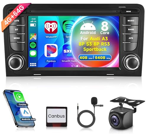 8 Core 4G+64G trådlös Carplay Android 13 bilradio 2 Din för Audi A3 8P A3 8P1 S3 RS3 8P RS3 Sportback 7 tums bilradio med Android bilnavigering GPS GPS WiFi Bluetooth FM/RDS/32 EQ/DAB/SWC backkamera
