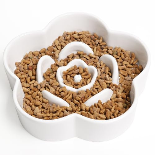 WoofinPets Ceramic Slow Feeder Dog/Cat Bowl, Anti-Choking Slow Food Bowls, 8 11.3oz Slow Feeder for Medium, Large Breeds, Plum Puzzle Design, Non-Slip Silicone, Dishwasher and Microwave Safe, White