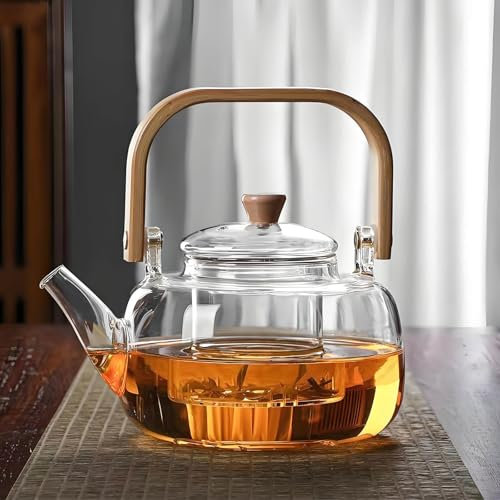 DxxD Tetera de Vidrio Transparente con Colador Extraíble, 1000 ml, para Té, Café y Infusiones, Apta para Lavavajillas, 19 x 15 x 12.5 cm