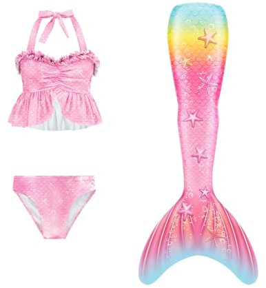 Meerjungfrau Flosse Mädchen mit Bikini Sommer Cosplay Monoflosse Kostüm Schwimmflossen Kinder Shepretty Fischschwanz Glitzernder Ideal für Pool und Meer
