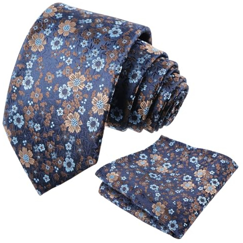 Alizeal herr 2 st blommig slips och ficknäsduk set, 129 – marinblå+brun, en storlek