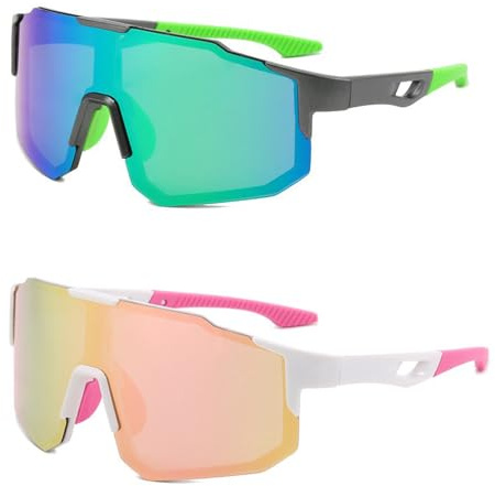 DXPETA 2 Pcs Running Sunglasses Women, Running Glasses For Men, UV400 Protection Ski Goggles Outdoor Bicycle Motorbike Driving Fishing(Pink, Green)