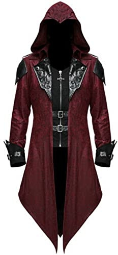 Generisch Medievale Steampunk Giacca con Cappuccio Uomo Gotico Frack Medievale Cappotto Halloween Costume Rinascimentale Abbigliamento Vintage Medievale Mantello Con Cerniera Costume Vichingo, O rosso
