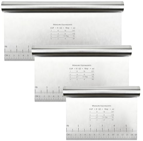 Pack of 3 Dough Cards, Stainless Steel Dough Scraper with Measuring Scale, Non-Stick Dough Cutter, Cutting and Scraping, 15/20/25 cm Dough Spatula for Cakes, Dough, Pizza, Baking Utensils