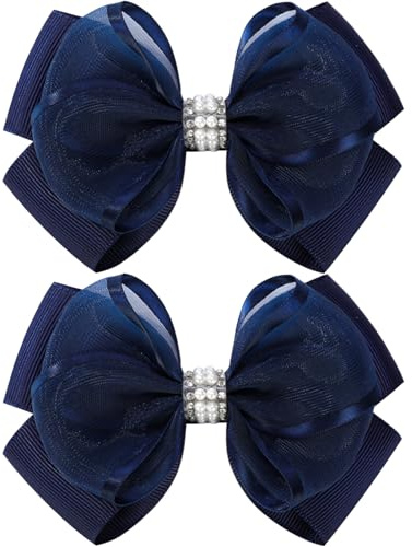 KISZU Hair Bows Clips for Girls 4.5 Inch Large Organza Alligator Clips for Toddler Kids Children Teens Women Thin Thick Curly Hair, Navy Blue