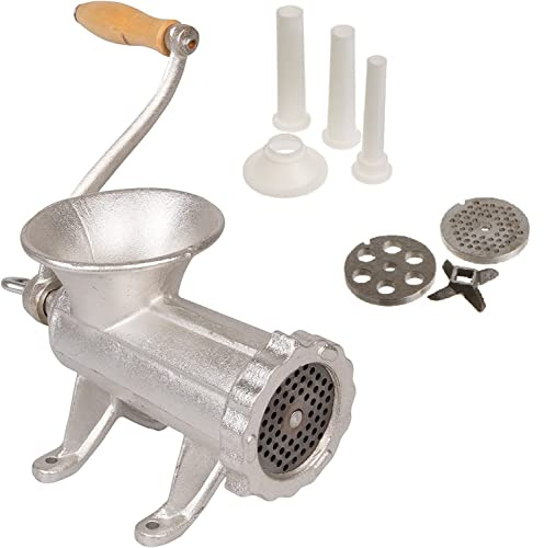 Cast Iron Table Mount Meat Grinder- Manual Mincer Includes Two 3/4 Cutting Disks & Sausage Stuffer Funnel, Heavy Duty Construction- Make Homemade Ground Beef Burgers, Easy Use Cooking Tool Must Have