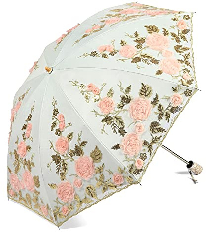 LCY Womens Anti-UV Lace Embroidery Folding Sun Parasol Rain Umbrella Wedding Umbrella