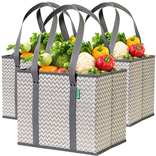Reusable Grocery Bags (3 Pack) – Heavy Duty Reusable Shopping Bags with Box Shape to Stand Up and Stay Open – Large Tote Bags with Long Handles & Reinforced Bottom – Foldable Utility Bag – Chevron