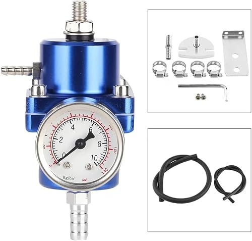Deror Régulateur de pression de carburant, régulateur de pression de carburant universel FPR en alliage d'aluminium avec tuyau de jauge 0-140psi réglable(bleu)