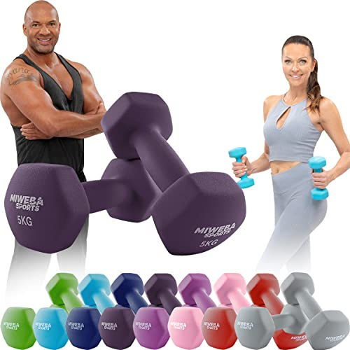 Miweba Sports Neopren Hantelset | 𝐏𝐫𝐨𝐟𝐢 Hantel - Hexagon Hanteln Set - Kurzhanteln - Kurzhantel Set - Gymnastikhanteln - Hantel Set - Dumbbell - 0,5-10 Kg (2X 5.0 kg, Lila)