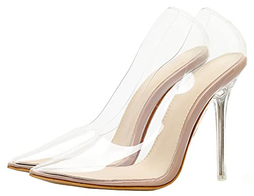 10 CM Scarpe A Punta da Donna Trasparenti con Tacco Alto Scarpe da Donna Trasparenti Slip on Stiletto Fashion Dress Pumps Shoes,Apricot,38 EU