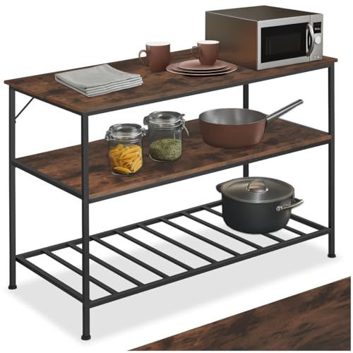 tectake® Scaffale Cucina Portaoggetti, 3 Livelli, Ripiano a Sbarre, Metallo e Legno, Scaffale Salvaspazio, Ripiano d'Appoggio per Piatti e Microonde - Legno Industriale Scuro