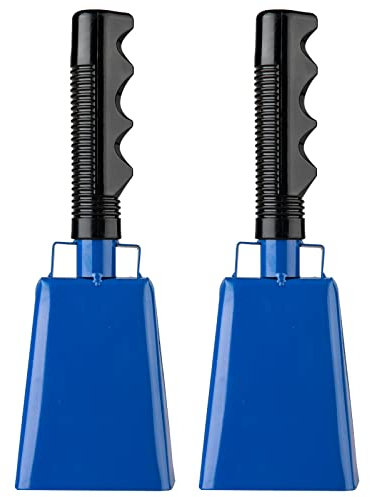 Musfunny Lot de 2 cloches de vache en acier de 20,3 cm avec poignée, cloches à main pour jeux de football, fête, ferme, événements sportifs, carillon à main et instrument de musique (bleu)