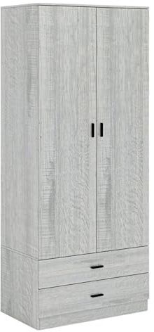URBNLIVING Tall 2 Door Bedroom Wardrobe With 2 Drawers (Ash Grey Set)