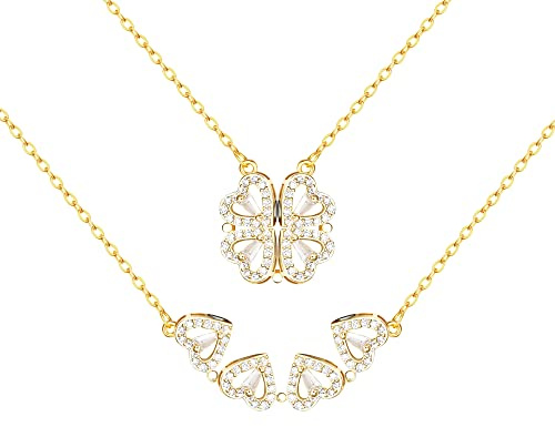 Dochais Cadena de Trébol Con Forma de Corazón Magnético, Colgante de 4 Hojas Oro, Collar Abierto y Afortunado Para Mujer y Hombres