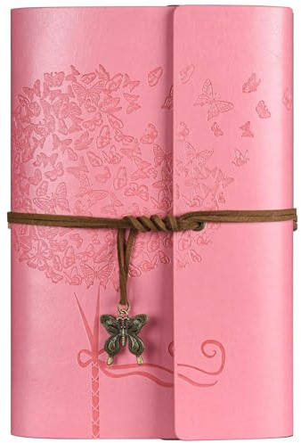 Leather Journal Notebook, Vintage Refillable Journal with 2 PVC Pockets, Travel Journal for Writing, Diary Journal for Women, Men, Girls and Boys, 100GSM Lined Paper, 160 Pages (Pink, A6 7.3x 5.1)