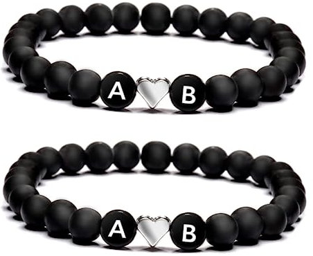 Partnerarmband | Armband mit Buchstaben Personalisiert | Personalisierbare Perlen Armbänder für Pärchen | Onyx Perlenarmband für Paare I Freundschaftsarmband | Armband mit Herz (2 Armbänder.)