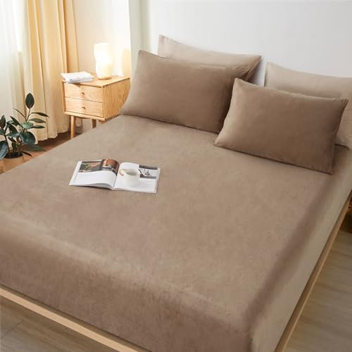 Lanqinglv Flanell Spannbettlaken Bettlaken 140x200 cm bis 25-35 cm Steghöhe Boxspringbett Topper Flauschige Warme Samt Boxspringbett Spannbetttuch Leintuch Cashmere Touch,Khaki Koffein