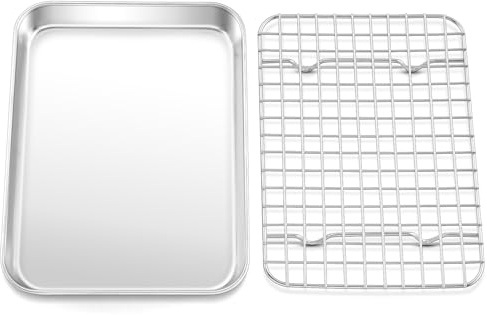 TeamFar Toaster Oven Pan with Rack Set, 9’’ x 7’’ x 1’’ Stainless Steel Compact Toaster Oven Small Baking Pan Tray with Mini Cooling Grid Rack, Healthy & Heavy-Duty, Dishwasher & Oven Safe, 2pcs