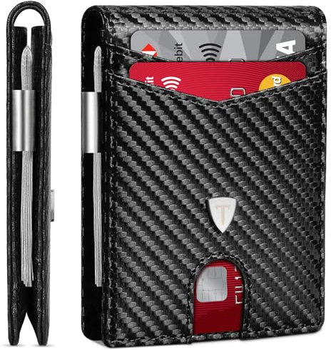 TEEHON Mens Wallets Slim RFID Blocking Carbon Fiber Leather Wallet with up to 12 Credit Card Holder, Strong Money Clip & ID Window Minimalist Bi-Fold Wallets for Men UK with Gift Box - Black