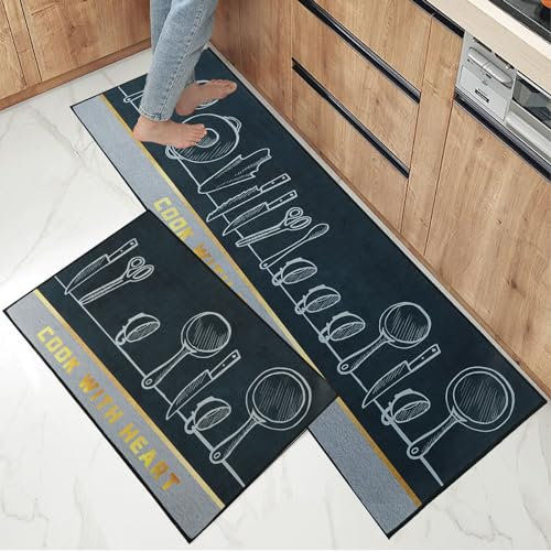 7VSTOHS Juego de Alfombras de Cocina Antideslizantes de 2 Piezas, Tapete Cocina Antideslizante Resistente al Aceite, Adecuado para Cocina, Baño, Sala de Estar, 43x75 + 43x120 cm