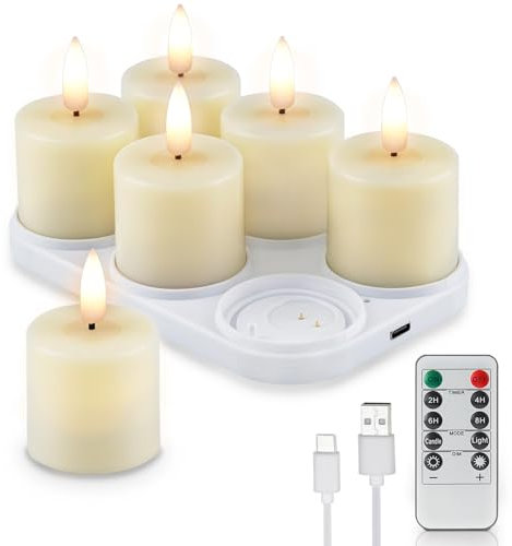 Rhytsing 6 Rechargeable Flameless Votive Candles with Timer for Home Decor, Led Faux Battery Operated Tealight Candles with Magnetic Charging Base, Type-C USB Cable and Remote Included - D4cm x H6.8cm
