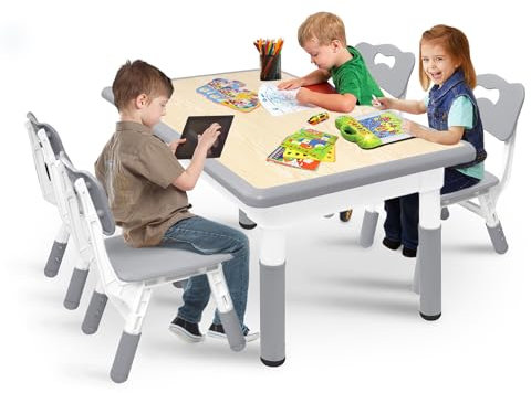 FIVMEN Kindertisch mit 4 Stühlen Plastik Kindersitzgruppe Kinder Tisch Stuhl Set Höhenverstellbar Sitzgruppe Maltisch Kindermöbel für Jungen Mädchen ab 2 Jahre