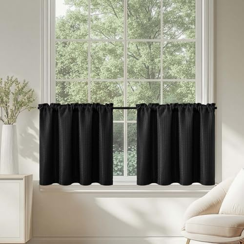 TOPICK Waffle Weave Textured Cafe Curtains for Kitchen, Black, W36 xL24 | Short Curtain Tiers for Small Window, Bathroom Sink Laundry Half Window Rod Pocket