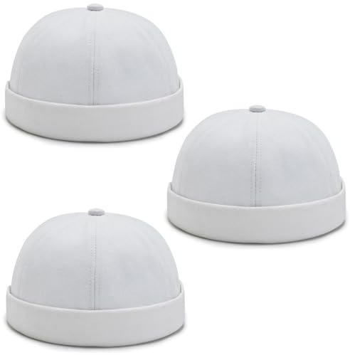 DIYDECAL 3 Pack Mens Brimless Skullcap Sailor Docker Cap Rolled Cuff Retro Beanie Hat - White