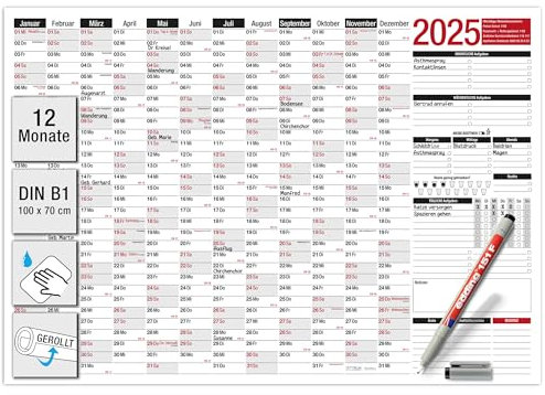 TOBJA Senioren Kalender 2025, abwischbarer Jahresplaner mit großen Feldern & Extras für Demenzkranke – Wandkalender inkl. wasserlöslichem Stift, wichtige Notrufnummern & tägliche Erinnerungen