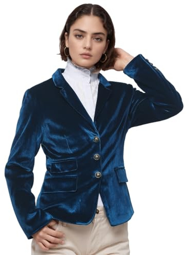 COSDREAMER Chaqueta de Terciopelo Vintage para Mujer con Cuello en V de Corte Ajustado con Abertura Blazer de Manga Larga Abrigo Elegante Traje Casual Retro Azul