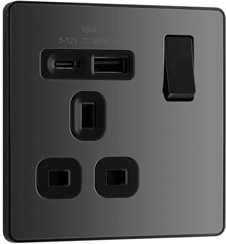 BG Electrical 18W Single Switched Power Plug Wall Socket with Type A USB and Type C USB Charging Ports, Fast Charge, Screwless Front Plate, Evolve, Black Chrome, 13A, PCDBC21UAC18B