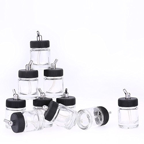 10 Ställ Glasflaskor 22 Ml för Airbrush Master Iwata Badger Paasche Siphon Pistols, Clear, Metal Connection, Color Synlig