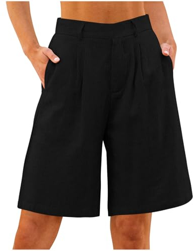 Bermudas Pantalones cortos para mujer, algodón y lino, ligeros, hasta la rodilla, de lino, pierna recta, pantalones de verano, muselina, pantalones holgados de tela monocolor, Negro , XL