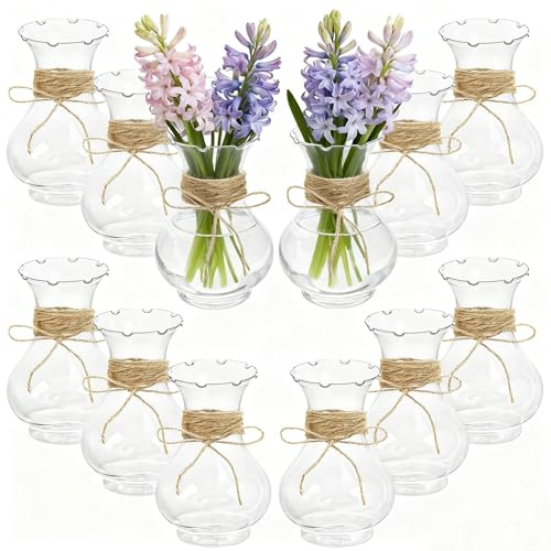 Hiceeden 12 Pcs Small Plastic Vases Bulk, 5-1/2 Unbreakable Bud Vase with Hemp Rope, Tiny Flower Jars Bulb Vase Centerpiece for Living Room Wedding Table Decor, Clear