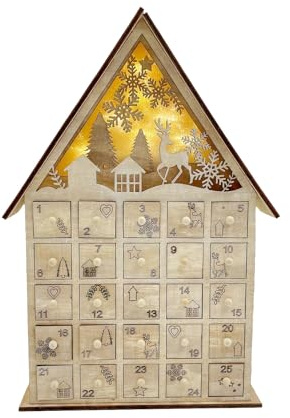 Calendario de Adviento de madera iluminado con luces LED y árbol de casa de copo de nieve, reno, reno