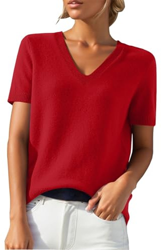 PODOLIXIA Jersey de manga corta para mujer, cuello de pico, de punto, monocolor, manga corta, jersey de punto fino, suave, respetuoso con la piel, para verano, suéter para mujer, rojo, XL