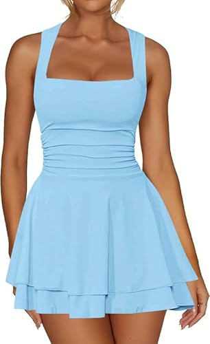 Sukiglam Vestido Mujer Sexy sin Manga Cuello Cuadrado Mini Vestidos de Tirantes Elegantes Dobles Capas Dobladillo con Volantes Vestido Corto Ajustado Verano A Line Vestidos para Fiesta Coctel Club