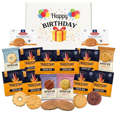 Happy Birthday Hamper Coffee Gift Set Bundle with x8 TrueStart Coffee Bags, x2 Jumbo Stroopwafels and Individually Wrapped Border Biscuits - Birthday Hampers For Men and Women