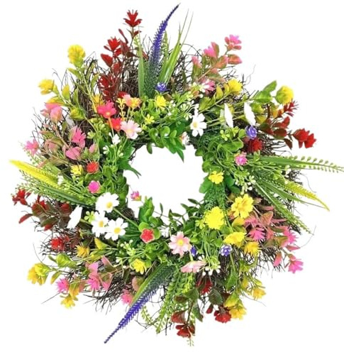 Künstlicher Türkranz Frühlingsdeko, Bunter Blumenkranz mit Gänseblümchen & Lavendel, Fenster, Wand- und Tischdekoration, Ideal für Ostern & Zuhause