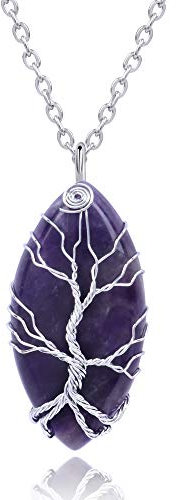 Thajaling Collar con colgante de cristal curativo de amatista vintage, reiki, árbol de la vida, envuelto en alambre, piedra morada, collar de chakras, Cristal, Cristal