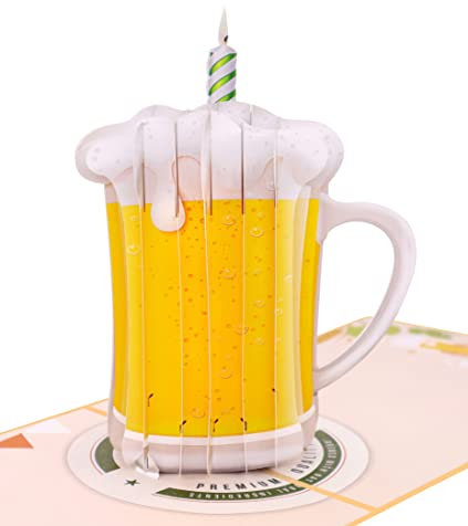 MOKIO® Pop-Up Karte – Bier mit Kerze – lustige 3D Grußkarte zum Geburtstag, Bier Geburtstagskarte mit Umschlag
