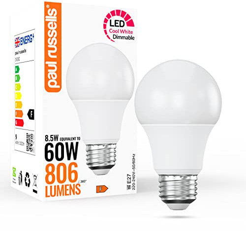 paul russells LED GLS - Dimmable Edison Screw Light, 8.5W 806 Lumens E27 A60 LED Bulbs, 60w Equivalent, 4000K Cool White, Dimmer Standard ES Energy Saving Ceiling Lightbulbs, Pack of 1