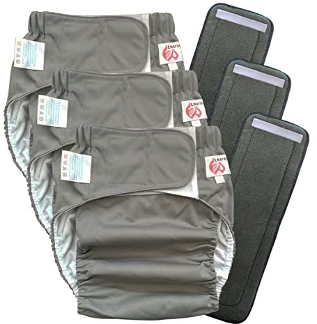 3 Pack Adult Cloth Diapers with Fastener Diaper Inserts, TPU Waterproof Nappy Reusable Washable Incontinence Care Protection Nappies Underwear