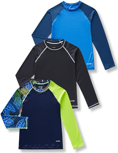 3 Pack Boys' UPF 50+ Rash Guard Long Sleeve Swim Shirts, Quick Dry UV Protection Swimwear for Kids (Set 1, Large)