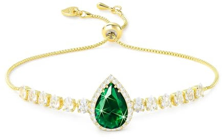 Linawe Emerald Green Bracelet for Women, Gold Chain Charm Bracelet Crystal Imitation Diamond Rhinestone Birthstone Moissanite Cubic Zirconia Bracelet Set, Prom Costume Wedding Jewellery