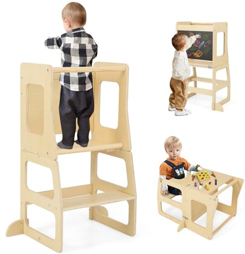Costzon 3 in 1 Toddler Tower, Kids Step Stool w/Chalkboard, Foldable Kids Table and Chair Set, Montessori Standing Tower for Learning, Kitchen Stool Helper for Counter, Bathroom (15.5D x 27W x 36H)